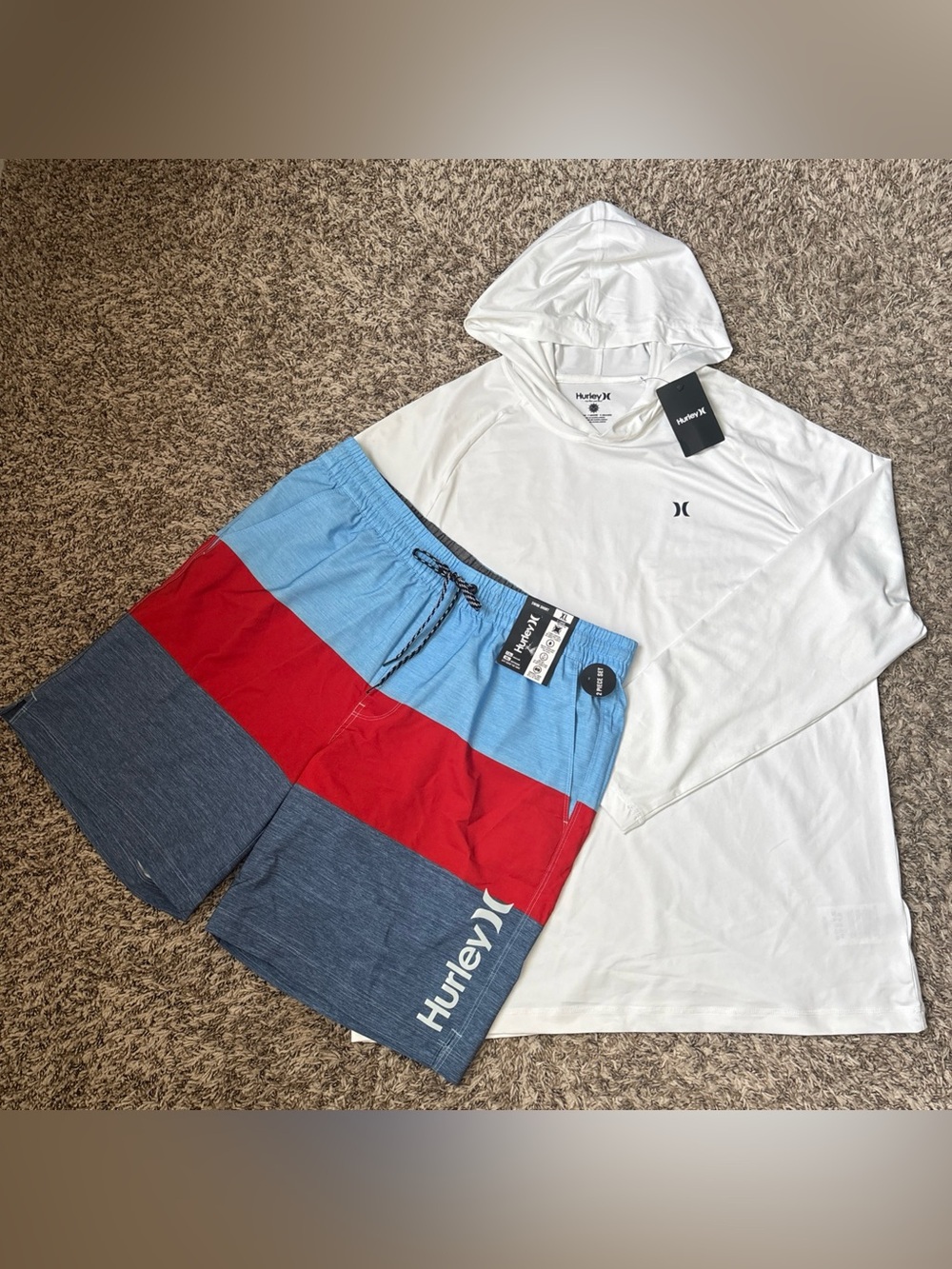 Hurley Men’s White Hooded Long Sleeve Performance Shirt + Swim Shorts
